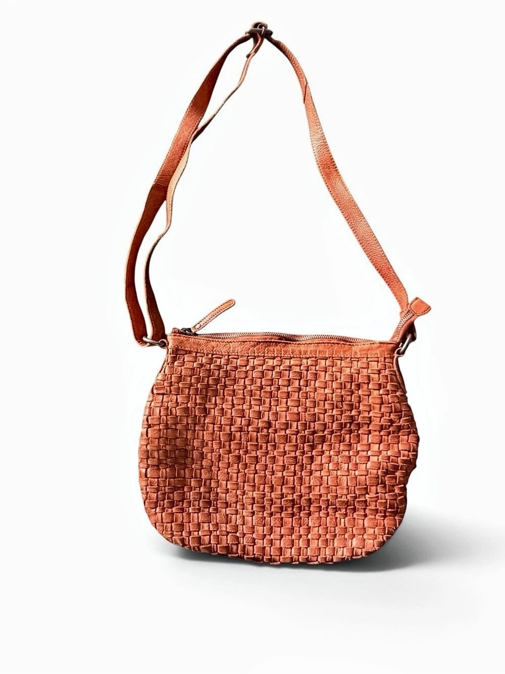 Vilenca Holland Woven Leather Shoulder Bag Cognac Brown Crossbody Purse
